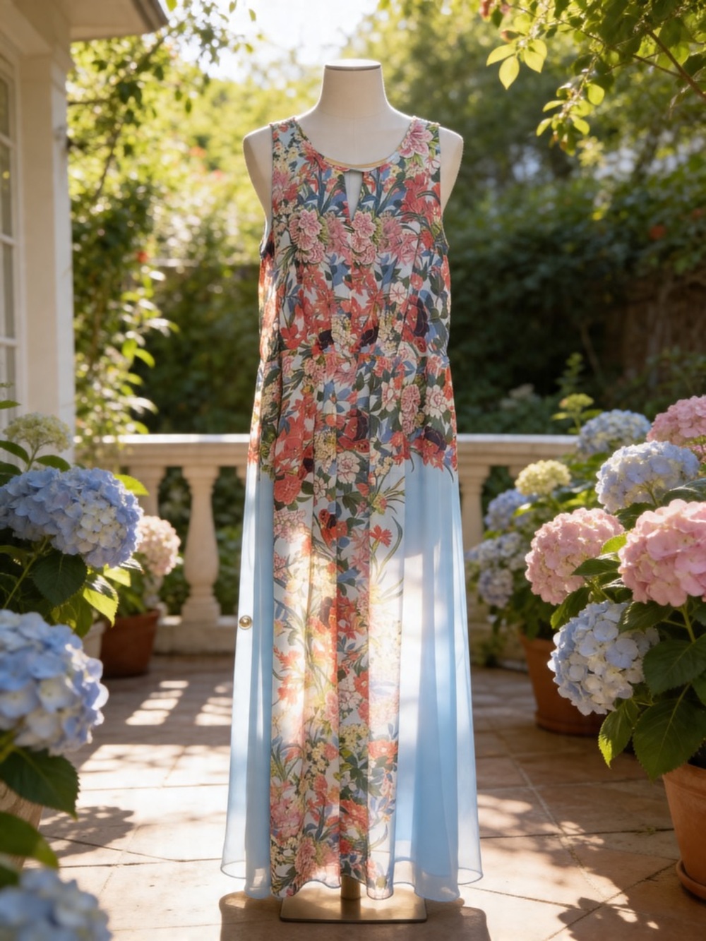 Adrianna Papell Light Blue Floral Dress with Coral and Pink Accents
